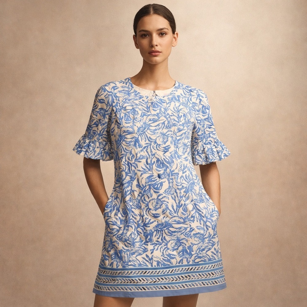 Lilly Pulitzer Blue and White Floral Shift Dress with Ruffled Sleeves